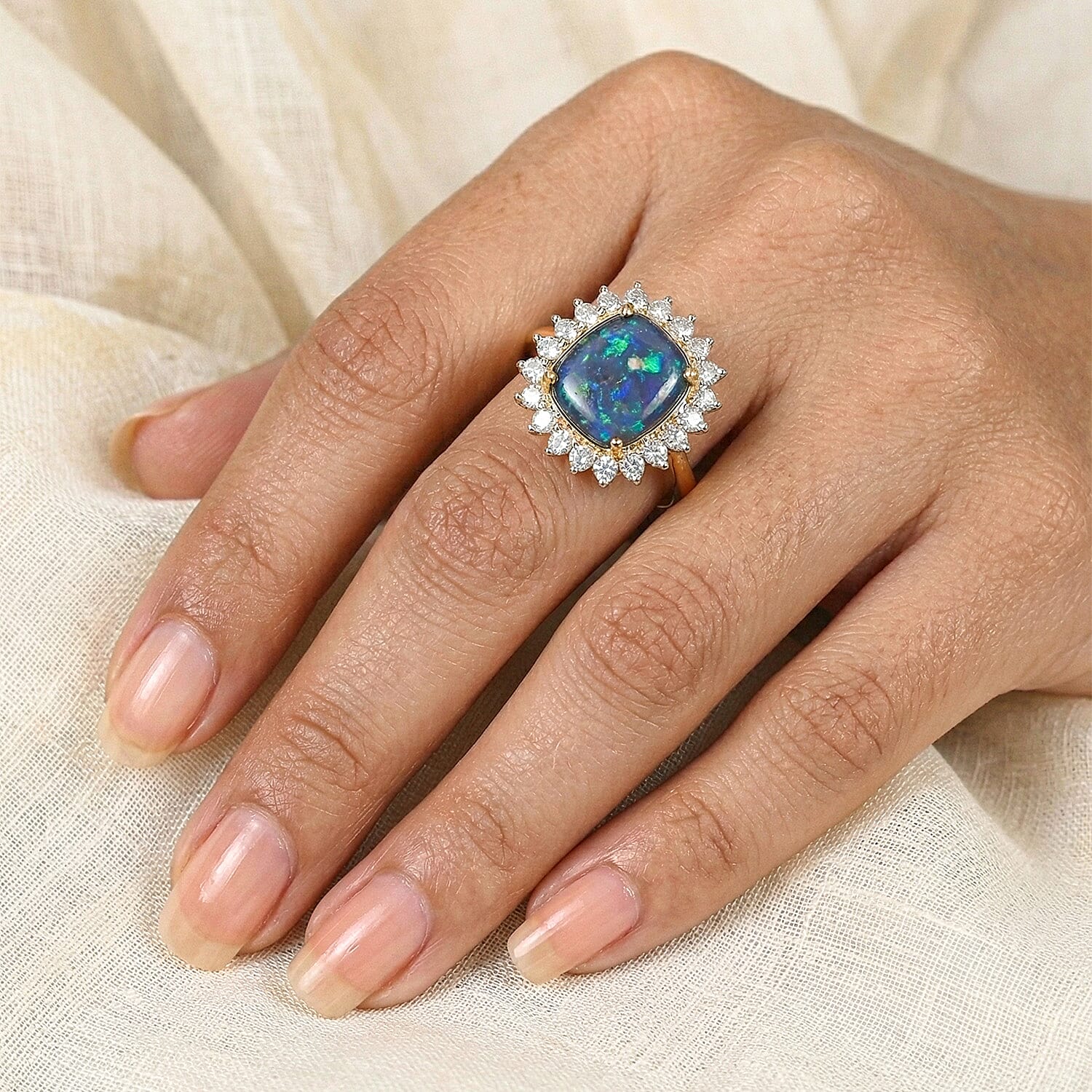 One Time Deal - Australian Boulder Opal and Natural Zircon Halo Ring in 18K Vermeil Yellow Gold Plated Sterling Silver 4.60 Ct.